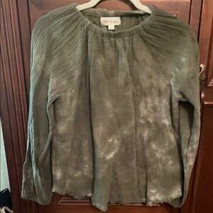 Cloth & Stone Green and Gray Pleated Long Sleeve Blouse
